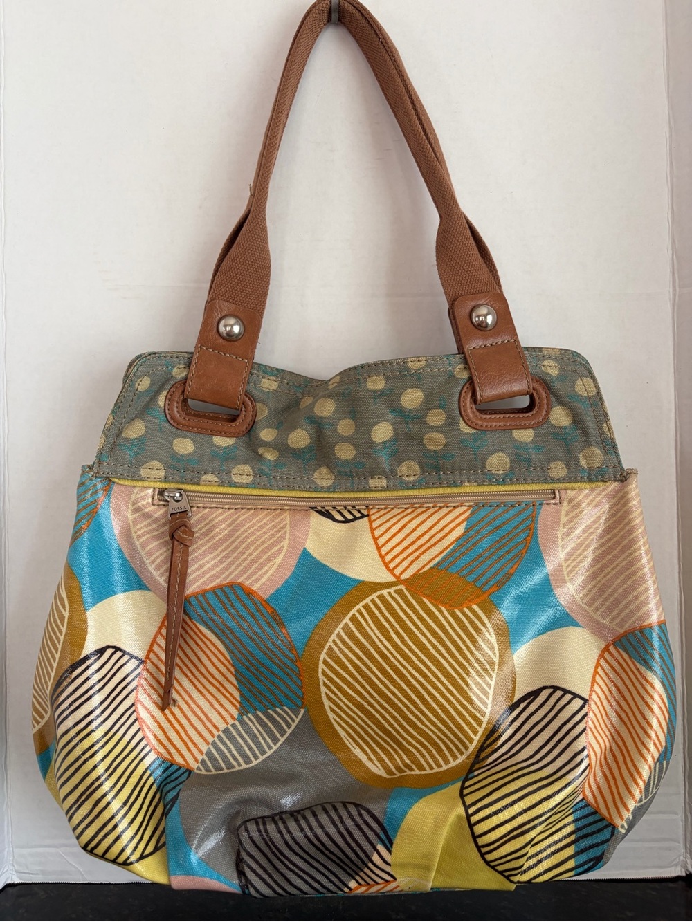 Vintage Fossil Multicolor Circle-Print Shoulder Bag - Brown Handles